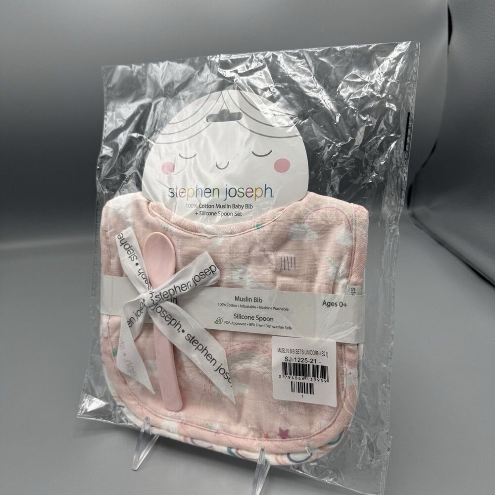 Steven Joseph 2 Muslin Bibs and Silicone Spoon Unicorn Rainbows New
